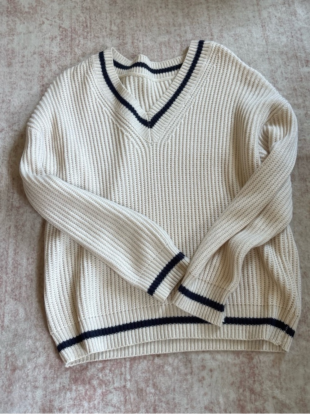 Cream V-Neck Knit Sweater with Navy Trim